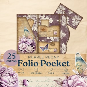 Diario basura con peonías moradas, recortes de mariposas lilas, efímera de bolsillo tríptico con flores de lavanda, kit de álbum de recortes de papel imprimible