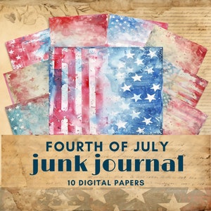 4.Juli Junk Journal druckbares Papier, Sterne und Streifen altes Vintages digitales Papier, patriotische Ephemera, Aquarell recyceltes Papier Scrapbook