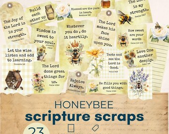 scripture scraps junk journal ephemera, honeybee journaling printable, bees based junk journal, Scripture Tags For Junk Journals, JJB101