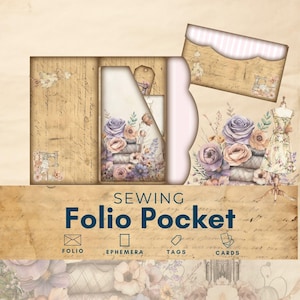 Sewing theme printable  junk journal folio pdf, pocket  ephemera,Vintage Sewing Junk Journal Kit Extras, seamstress themed scrapbooking