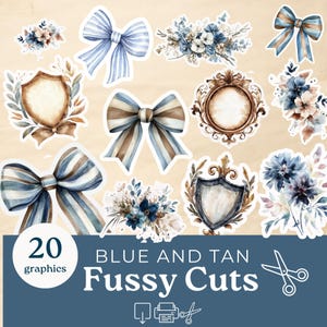 Blue and Tan Fussy Cut, junk journal ephemera fussy cut,  floral Ephemera, vintage junk journal supplies, embellishments, collage sheet