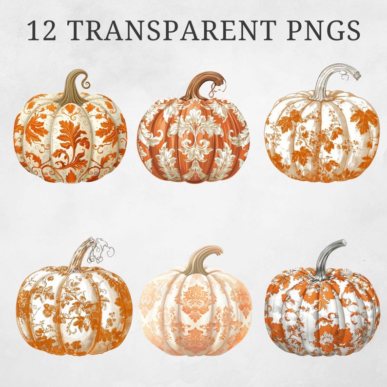 Toile Pumpkin Clipart Pack, Damask Fall Junk Journal Pngs, Fall ...
