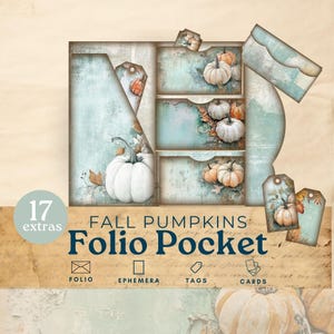 Teal pumpkin fall junk journal folio, fall trifold pocket ephemera, vintage autumn printable paper scrapbook kit, collage sheet