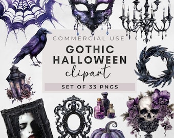 Pack de cliparts gothiques, png sombres du milieu universitaire, png éphémères violet et noir, png transparents tête de mort floral aquarelle, clipart sombre journal indésirable