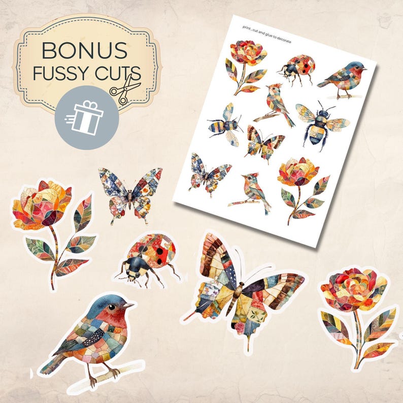 Patchwork Junk Journal folio, patchwork flower fussy cuts, trifold ephemera, printable paper craft, shabby chic junk journal image 4