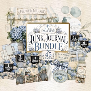 May include: A digital junk journal bundle featuring blue hydrangea floral motifs, striped awnings, and vintage-style signage. The collection includes 45 pages, 12 papers, 6 ephemera pages, 3 file folders, 3 hidden paperclips, and 1 waterfall folio.