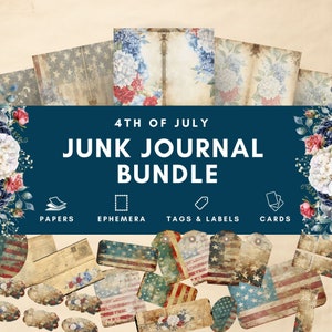 4.Juli Junk Journal Bundle, Stars & Stripes Vintage digitales Papier Kit, politsches Ephemera, Aquarell Seiten, recyceltes Papier