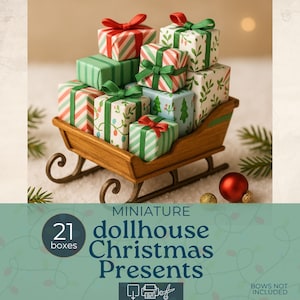 May include: A miniature wooden sleigh filled with 21 dollhouse Christmas presents. The presents are wrapped in various festive papers with red and green bows. The text on the image reads "Miniature dollhouse Christmas Presents".