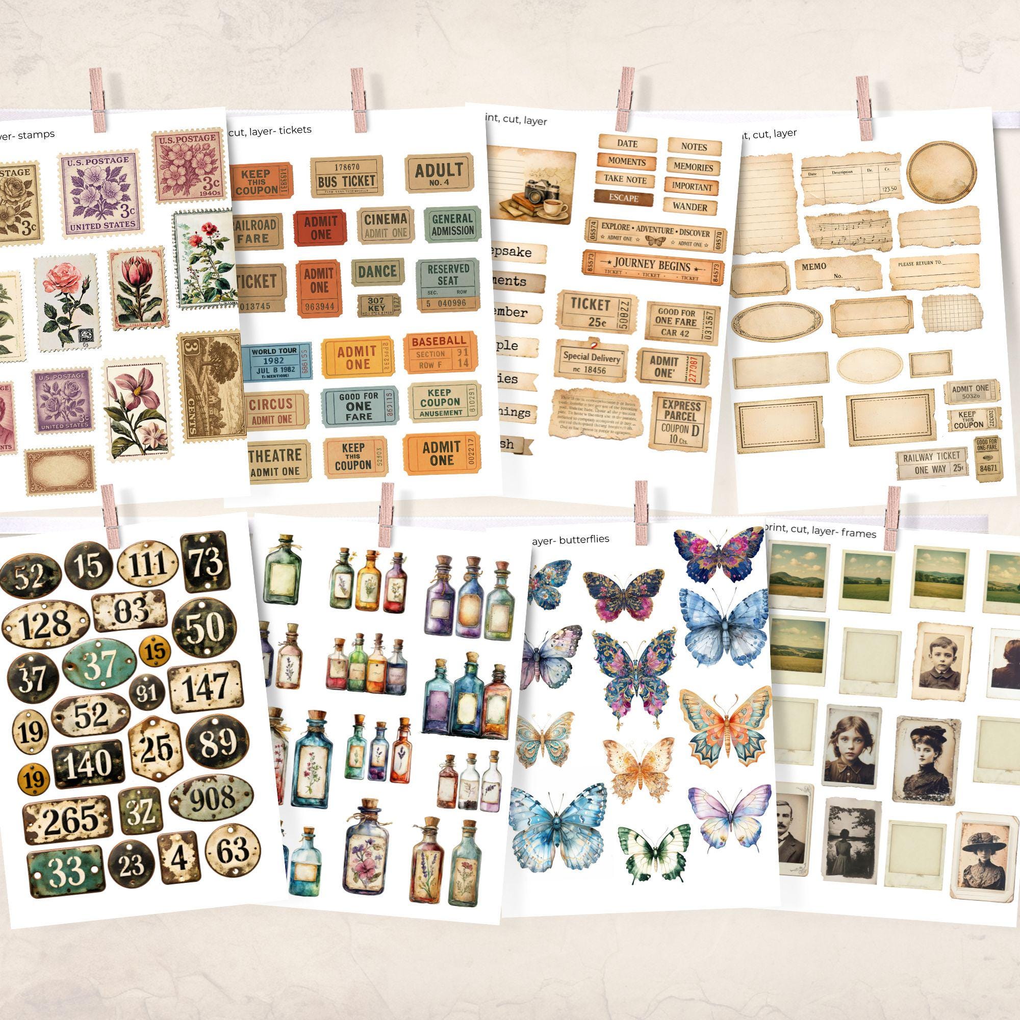 Junk Journal Ephemera Bundle, Lined Printable Tags Cards, Scrapbooking ...