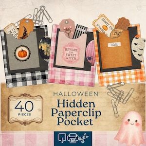 Pode incluir: Bolsos de clipes de papel escondidos com tema de Halloween com etiquetas decorativas e clipes de papel. Os bolsos apresentam uma abóbora, um chapéu de bruxa e o texto "Beware the Sweet Witch". O conjunto inclui 40 peças.