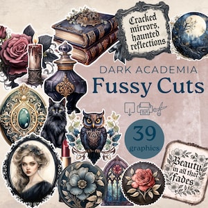 Dark Academia Fussy Cuts, dziennik Dark Academia Junk, materiały do dziennika vintage Junk, gotyckie efemerydy do scrapbookingu, strony Fussy Cut