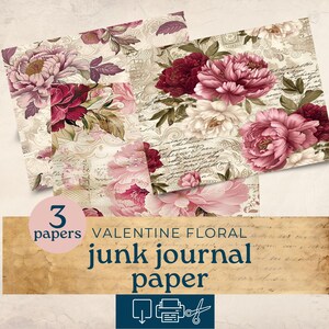 Valentinstag nahtlose Muster, floral rosa druckbare Ephemera, Hintergrundpapier digitaler Download, Papiermodell, 3 digitale Journalseiten