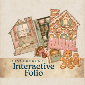 Könnte beinhalten: Ein interaktives Folio mit Lebkuchenhaus-Motiv, das Illustrationen einer Küche, eines verzierten Lebkuchenhauses, Zimtstangen und zwei Lebkuchenmänner zeigt. Der Text lautet GINGERBREAD Interactive Folio.