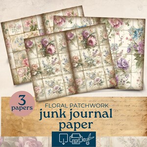 Puede incluir: Tres hojas de papel de diario basura floral patchwork. Cada hoja presenta un diseño de mosaicos con flores de estilo acuarela en tonos de rosa, morado y azul. El texto de la imagen dice "3 papers" y "FLORAL PATCHWORK junk journal paper".