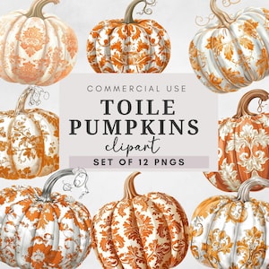 May include: A collection of pumpkins with ornate, orange and white toile patterns. The image includes the text "COMMERCIAL USE TOILE PUMPKINS clipart SET OF 12 PNGS". The pumpkins have brown stems and are arranged in a square.