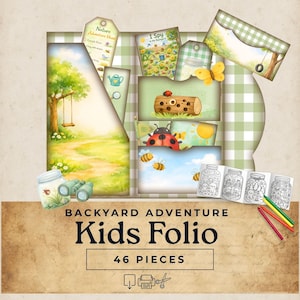 May include: A scrapbook-style kids' folio with a backyard adventure theme. The design features illustrations of a tree swing, ladybugs, bees, and jars. The text reads "Backyard Adventure Kids Folio" and "46 Pieces."
