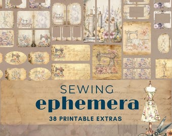 Diário de recortes imprimível com tema de costura, cartões com recortes, colagem digital, extras para kit de diário de recortes de costura vintage, páginas de costura vintage.