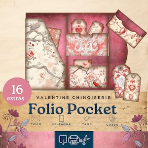 Folio de diario basura chinoiserie de San Valentín, bolsillos de diario basura de San Valentín, efímera de tres hojas, manualidades de papel imprimibles, diario basura chinoiserie