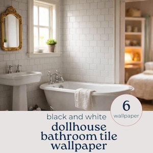 May include: A bathroom scene featuring a white bathtub, sink, and tiled walls. A gold-framed mirror hangs above the sink. The image includes the text "black and white dollhouse bathroom tile wallpaper" and "6 wallpaper".