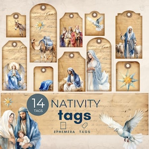 Étiquettes chrétiennes de journal indésirable, éphémères de journal de la nativité, étiquettes de journal indésirable de la Bible, kit de scrapbooking papier imprimable crèche de Noël