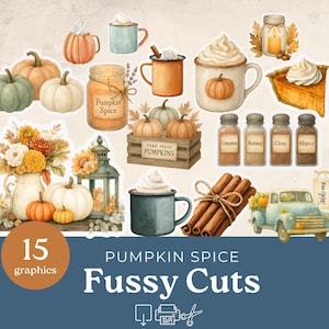 May include: A collection of 15 watercolor graphics with a pumpkin spice theme. Includes pumpkins, mugs with whipped cream, a pie, cinnamon sticks, and a vintage truck. The text "Pumpkin Spice Fussy Cuts" is also present.
