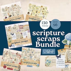 May include: A bundle of scripture scraps with various designs, including Coffee Lovers, Honeybee, Faith Blooms, Christmas Plaid, and Hydrangea Gratitude. The bundle includes 130 pieces and features inspirational quotes and floral illustrations.