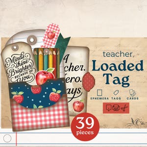 Etiquetas de bolso para diário de agradecimento ao professor, etiquetas de diário de volta às aulas carregadas de itens de lixo, itens efêmeros para impressão da Apple, colagem de papel para scrapbooking