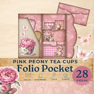 Pink Junk Journal Folio, Junk Journal tea cups, Peony Junk Journal Folio, tea pocket ephemera, vintage printable scrapbook, fussy cut teacup