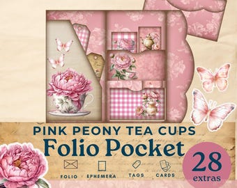 Pink Junk Journal Folio, Junk Journal tea cups, Peony Junk Journal Folio, tea pocket ephemera, vintage printable scrapbook, fussy cut teacup