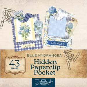 Junk journal hidden paperclips, blue hydrangea hidden paperclip pocket, bookmark , floral  printable ephemera, scrapbooking ,   JJ1