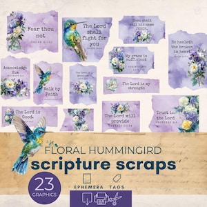 Può includere: Una collezione di 23 ritagli floreali di scrittura di colibrì. Ogni ritaglio presenta illustrazioni ad acquerello di colibrì e fiori, abbinate a versetti biblici ispiratori. La tavolozza dei colori include viola, blu e bianco.