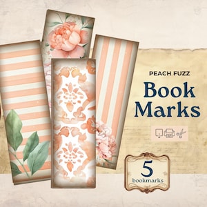 May include: A collection of five decorative bookmarks with a peach and cream color scheme. The bookmarks feature floral and striped designs, with the text "PEACH FUZZ Book Marks" and "5 Bookmarks" displayed. Some bookmarks have floral and leaf accents.