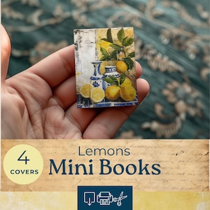 Afdrukbaar poppenhuisminiboek, miniatuurboek gele citroenen, blauw junkjournaalpapier in Marokkaanse stijl, collagevel, papieren poppenhuisboek