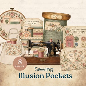 Op de afbeelding: Een verzameling illustraties met een naaithema, waaronder een schort, een houten klosje, een naaimachine en kaarten met de tekst Fine Ribbons & Laces, Fine Dressmaker Buttons en Fine Cotton. Een badge toont de tekst 8 POCKETS.