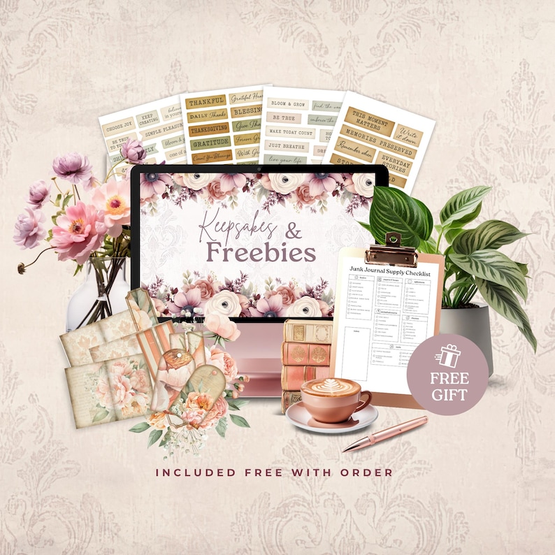 The image is a collage featuring various items related to a "Kupsakes & Freebies" theme, including a laptop, flowers, a clipboard, and a coffee cup. The text "INCLUDED FREE WITH ORDER" is visible, suggesting that these items are part of a bundled package or offer.