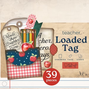 Teacher Appreciation junk journal pocket tags, back to school loaded junk journal tags, apple printable ephemera, scrapbooking paper collage