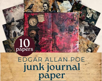 Edgar Allan Poe Digital paper, ravens and roses gothic patterns for scrapbooking, Digital download printable, gothic junk journal