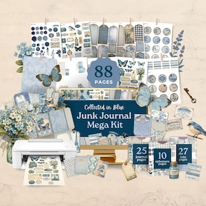 May include: A 'Collected in Blue' junk journal mega kit with 88 pages, including journal, ephemera, and folio pages. The kit features blue and white butterfly and floral designs, tags, and decorative elements. A printer is shown with printed pages.