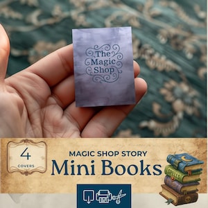 May include: A small, rectangular card with the text "The Magic Shop" in a decorative font, held in a hand. The card has a purple and gray watercolor background. Below, the image advertises "Magic Shop Story Mini Books" with a stack of illustrated books.