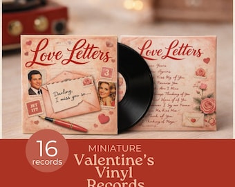 Discos de vinilo en miniatura imprimibles, portadas de discos de San Valentín, accesorios para casas de muñecas navideñas, diario basura con temática musical, escala 1:12