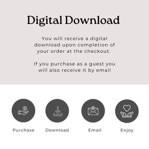 text and icons that guide the viewer through a digital download process. It includes instructions for completing an order at the checkout, as well as options for receiving the download by email if purchased as a guest. The image does not contain any redundancy or vague descriptions, and it does not include multiple images that would require individual descriptions.