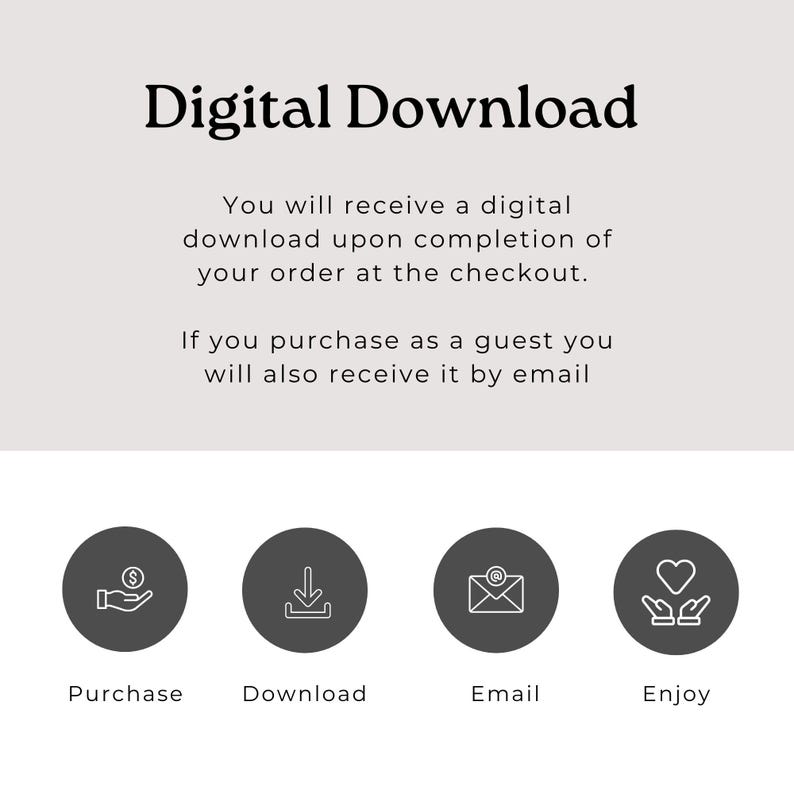 text and icons that guide the viewer through a digital download process. It includes instructions for completing an order at the checkout, as well as options for receiving the download by email if purchased as a guest. The image does not contain any redundancy or vague descriptions, and it does not include multiple images that would require individual descriptions.