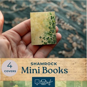 May include: A small book featuring a shamrock design. The cover has a yellow and green watercolour background with green shamrocks. The text "SHAMROCK Mini Books" is visible. The image also shows "4 COVERS".