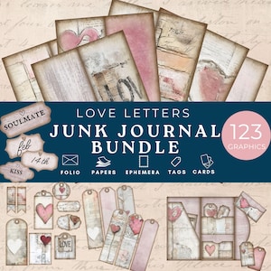 love junk journal kit, valentine junk journal pockets, love letters junk journal pages, skinny junk journal paper, valentines day ephemera