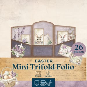 Mini folio pliage de journal indésirable, folio de journal de Pâques, mini folio à trois volets imprimable, papier éphémère lavande et vert, coupes difficiles