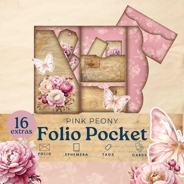 Pink Peony Junk Journal folio, butterfly fussy cuts,  floral trifold pocket ephemera, printable paper scrapbook kit
