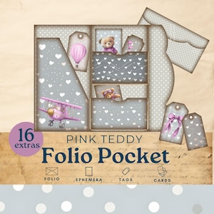 Roze teddybeer Junk Journal folio, babymeisje ephemera junk journal, ephemera kinderen driebladige zak, afdrukbare papieren plakboek kit