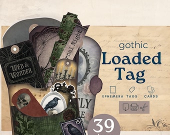 May include: A collection of gothic-themed ephemera tags and cards. The tags feature designs with a spiderweb, skull, raven, and candle illustrations. The text on the tags reads "Web & Wonder" and "Eternal Night". The set includes 39 pieces.
