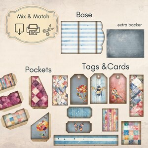 Patchwork Junk Journal folio, patchwork flower fussy cuts, trifold ephemera, printable paper craft, shabby chic junk journal image 3