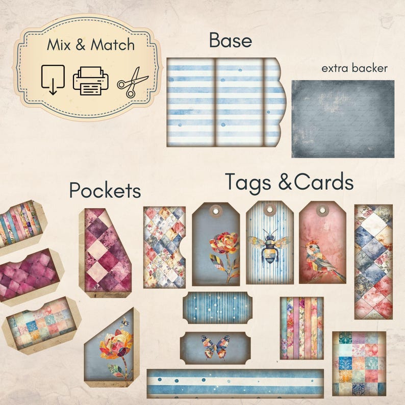 Patchwork Junk Journal folio, patchwork flower fussy cuts, trifold ephemera, printable paper craft, shabby chic junk journal image 3